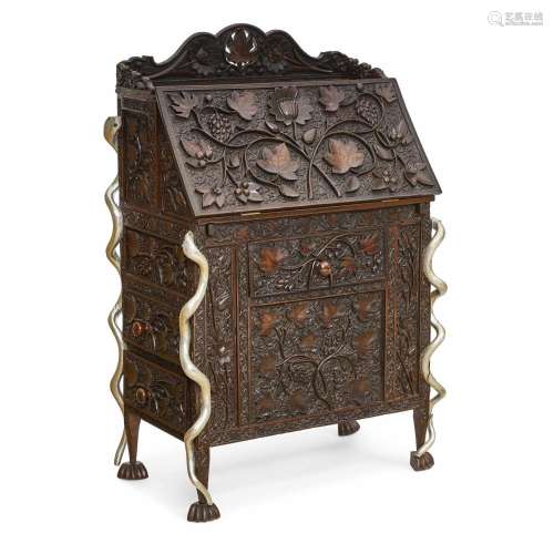 A MEXICAN CARVED AND SILVERED WOOD FALL FRONT DESKLate 20th ...