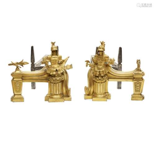 A PAIR OF LOUIS XVI STYLE GILT BRONZE FIGURAL CHENETS