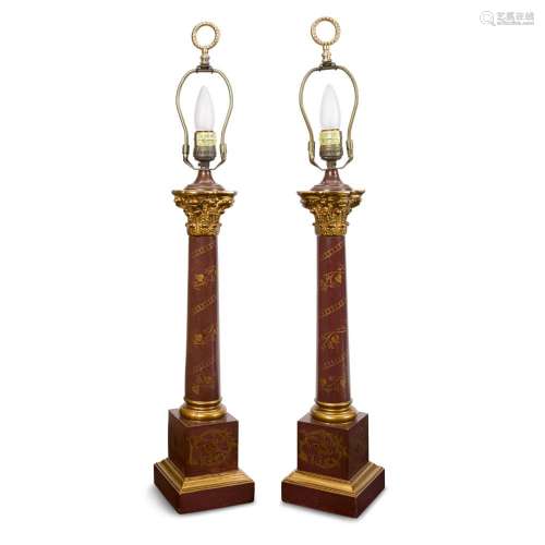 A PAIR OF NEOCLASSICAL STYLE PAINTED AND GILTWOOD COLUMNAR L...