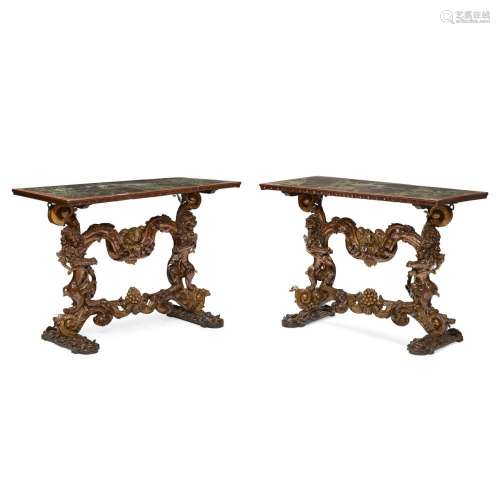A PAIR OF BAROQUE STYLE POLYCHROMED AND CARVED WOOD CONSOLES...