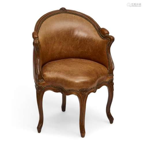 A LOUIS XV LEATHER UPHOLSTERED PETITE BERGÈRE 18th century