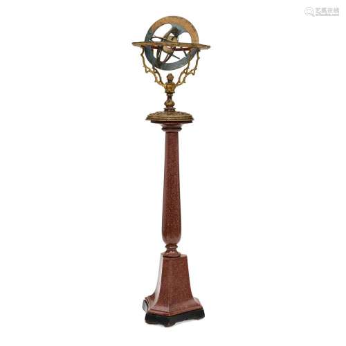 A BRASS AND POLYCHROME AND GILTWOOD ARMILLARY SPHERE