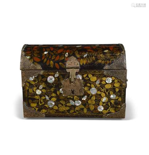 A JAPANESE NAMBAN LACQUERED AND SHELL INLAID COFFER17th cent...