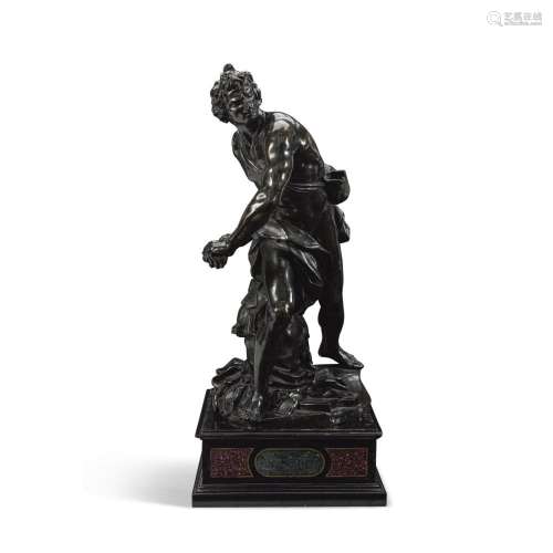 A FRENCH PATINATED BRONZE FIGURE: DAVID HOLDING HIS SLINGSHO...