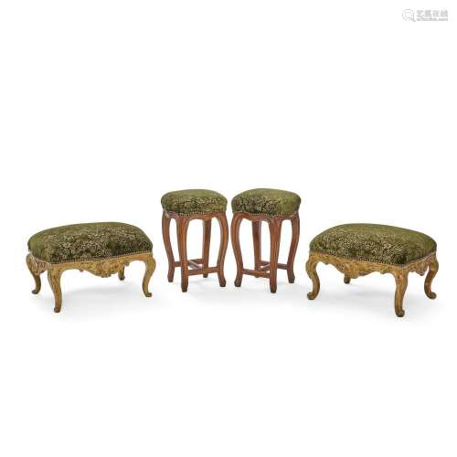 A PAIR OF ROCOCO GREEN UPHOLSTERED GILTWOOD TABOURETS18th ce...