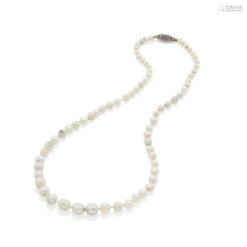 NATURAL PEARL NECKLACE WITH RUBY AND DIAMOND CLASP