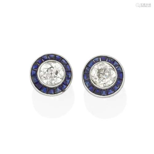 PAIR OF DIAMOND AND SAPPHIRE TARGET CLUSTER EARRINGS, MID 20...