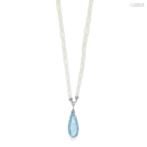 BELLE ÉPOQUE AQUAMARINE AND SEED PEARL SAUTOIR, CIRCA 1910