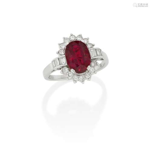 RUBY AND DIAMOND CLUSTER RING, MID 20TH CENTURY