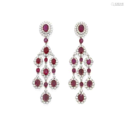 PAIR OF RUBY AND DIAMOND CHANDELIER EARRINGS