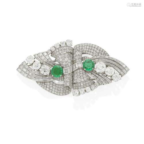 EMERALD AND DIAMOND DOUBLE-CLIP/BROOCH, CIRCA 1935