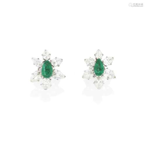PAIR OF EMERALD AND DIAMOND EARRINGS, MID-2OTH CENTURY