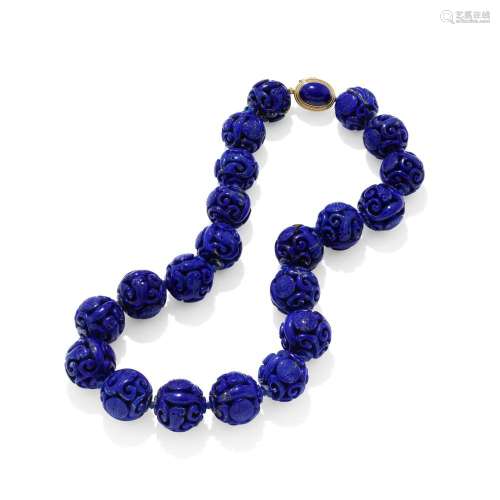 GUMP'S: LAPIS LAZULI CARVED BEAD NECKLACE, MID-20TH CENT...