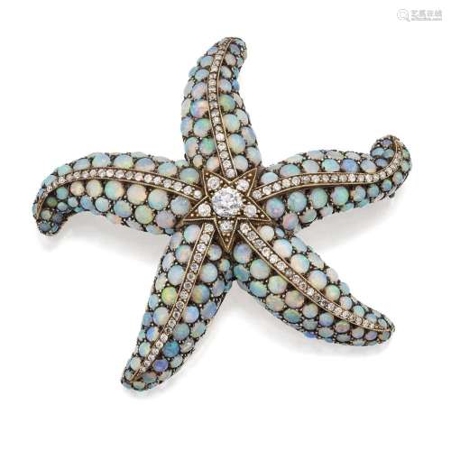 OPAL AND DIAMOND STARFISH BROOCH, 20TH CENTURY