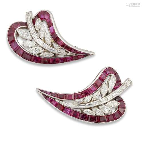 BOUCHERON: RUBY AND DIAMOND DOUBLE-CLIP/BROOCH, CIRCA 1945