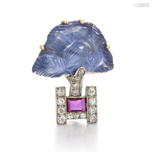 CARTIER: SAPPHIRE AND GEM-SET MINIATURE TREE BROOCH, CIRCA 1...