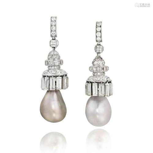 MAUBOUSSIN: PAIR OF NATURAL PEARL AND DIAMOND PENDENT EARRIN...