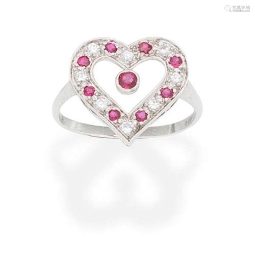 RUBY AND DIAMOND HEART RING,