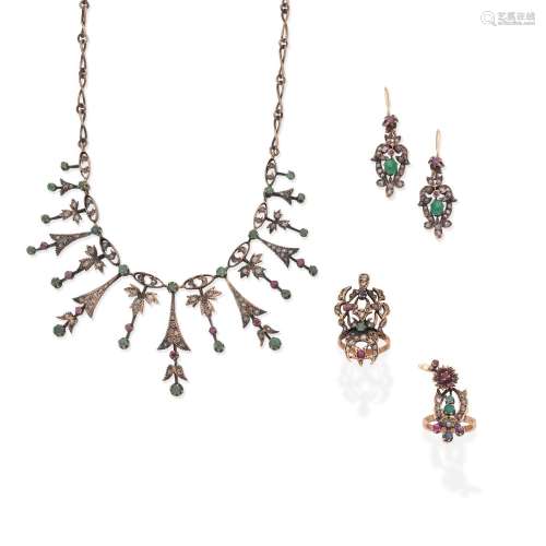 DIAMOND AND GEM-SET NECKLACE, EARRINGS AND TWO RINGS (4)