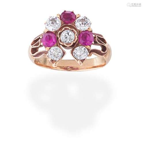 RUBY AND DIAMOND HORSE-SHOE RING,