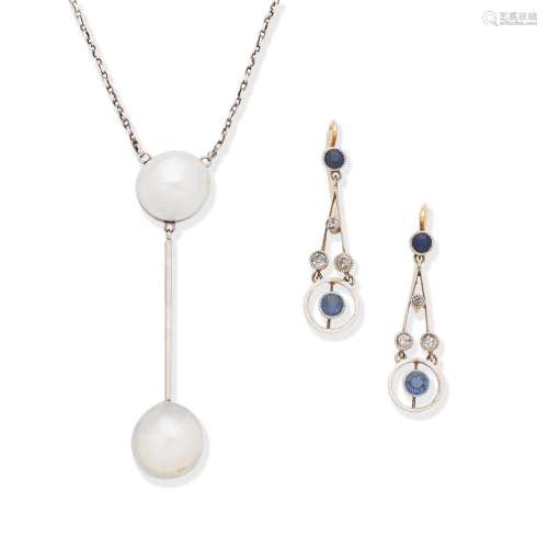 PEARL NECKLACE; SAPPHIRE AND DIAMOND EARRINGS, (2)