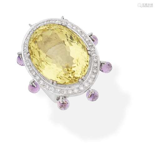 YELLOW BERYL, AMETHYST AND DIAMOND DRESS RING