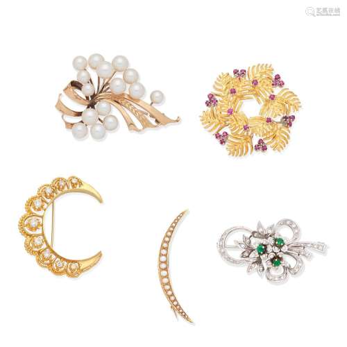 COLLECTION OF GEM-SET BROOCHES (5)