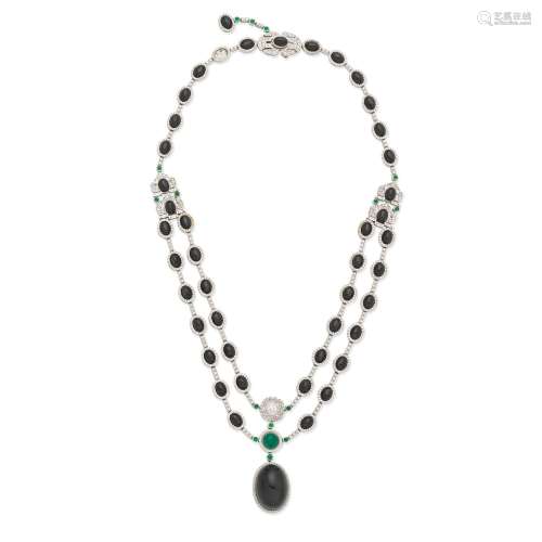 STAR DIOPSIDE, EMERALD AND DIAMOND NECKLACE