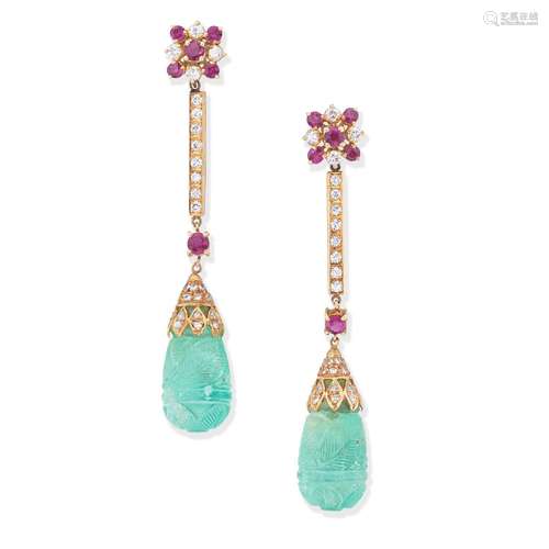 EMERALD, RUBY AND DIAMOND PENDENT EARRINGS