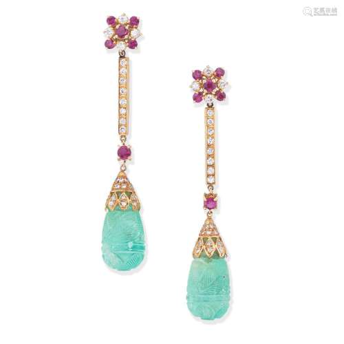 EMERALD, RUBY AND DIAMOND PENDENT EARRINGS