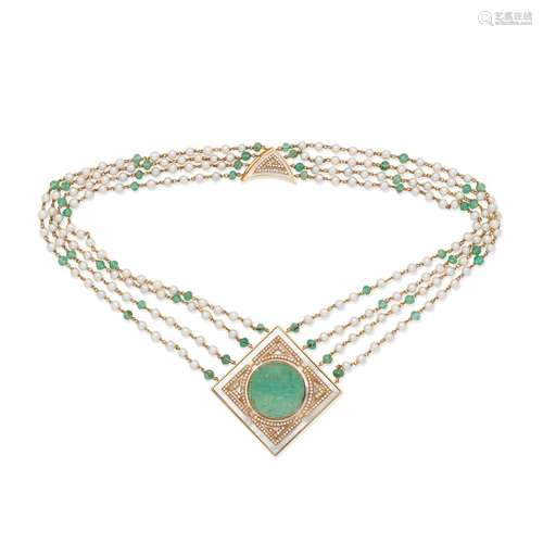 【Y】EMERALD, DIAMOND, MOTHER OF PEARL AND CULTURED PEARL NECK...