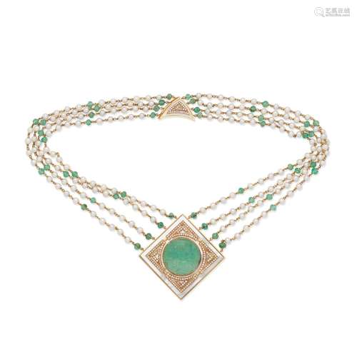 【Y】EMERALD, DIAMOND, MOTHER OF PEARL AND CULTURED PEARL NECK...