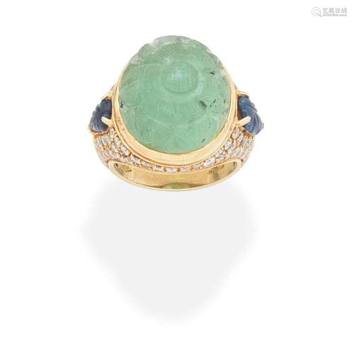 EMERALD, SAPPHIRE AND DIAMOND DRESS RING