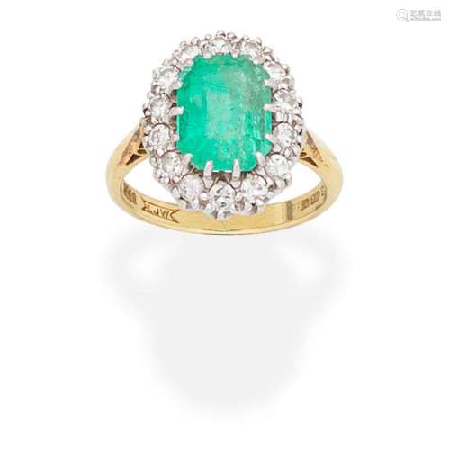EMERALD AND DIAMOND CLUSTER RING,