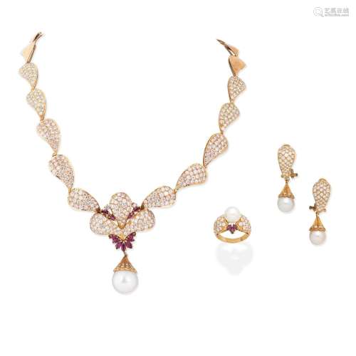 DIAMOND, RUBY AND CULTURED PEARL NECKLACE, EARRING AND RING ...