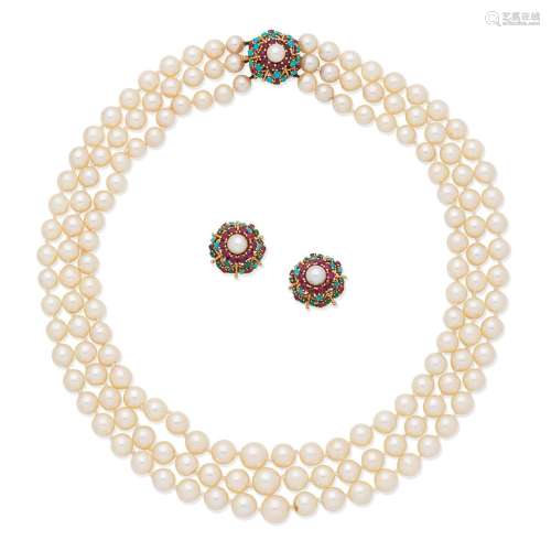 SERGE BOUDER PEARL NECKLACE WITH GEM-SET CLASP AND EARRING S...