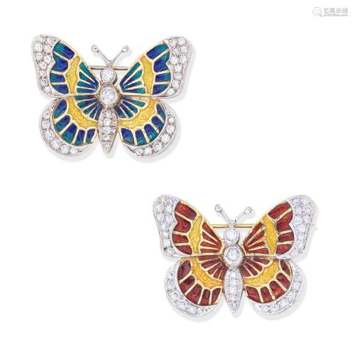 TWO ENAMEL AND DIAMOND-SET BUTTERFLY BROOCHES (2)