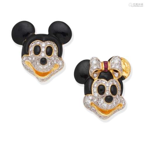 ENAMEL AND DIAMOND-SET 'MICKEY AND MINNIE' EARRINGS