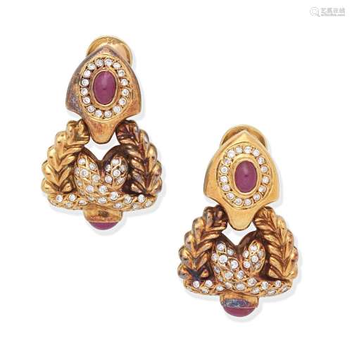 RUBY AND DIAMOND PENDENT EARCLIPS