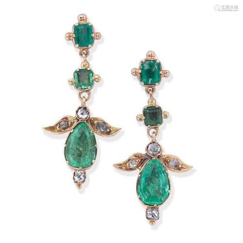 EMERALD AND DIAMOND PENDENT EARRINGS