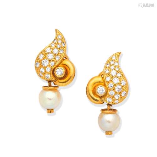 DIAMOND AND CULTURED PEARL EARRINGS,