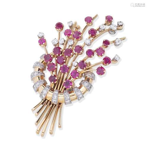 RUBY AND DIAMOND SPRAY BROOCH,