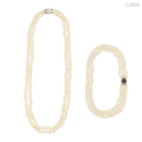 TWO CULTURED PEARL NECKLACES  (2)