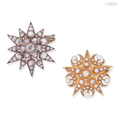 DIAMOND STAR BROOCH; DIAMOND AND SEED PEARL STAR BROOCH, (2)