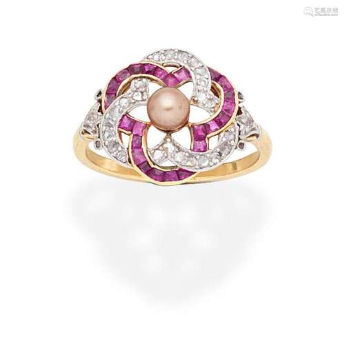 【Ω】CULTURED PEARL, RUBY AND DIAMOND RING