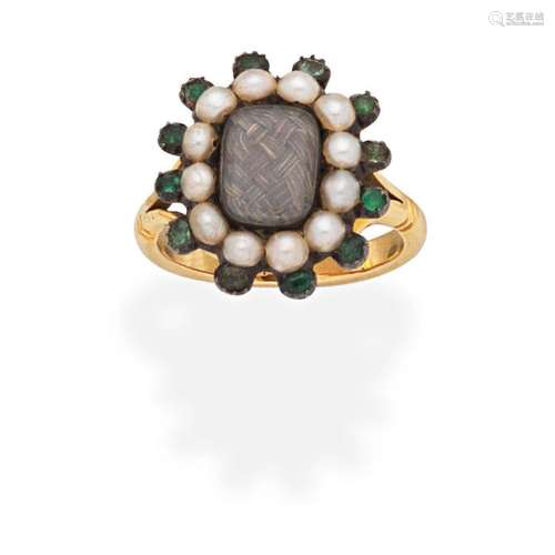 SEED PEARL AND EMERALD HAIRWORK MOURNING RING,
