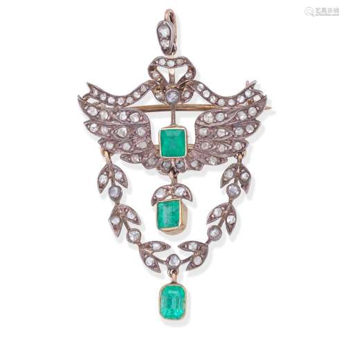 EMERALD AND DIAMOND PENDANT/BROOCH,