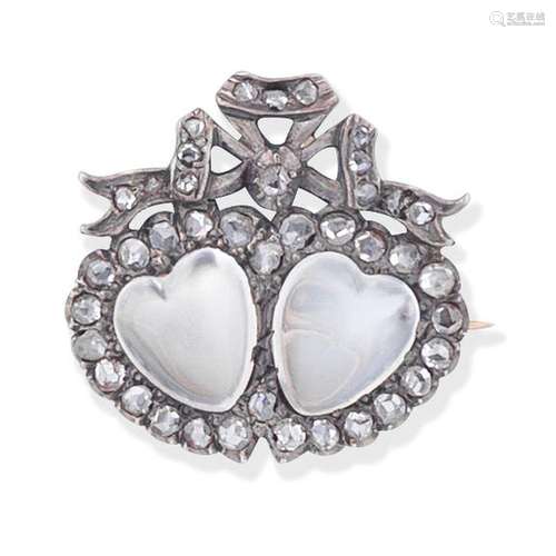 MOONSTONE AND DIAMOND TWIN HEART BROOCH,