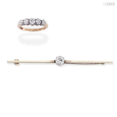 DIAMOND FIVE-STONE RING; DIAMOND-SET BAR BROOCH (2)