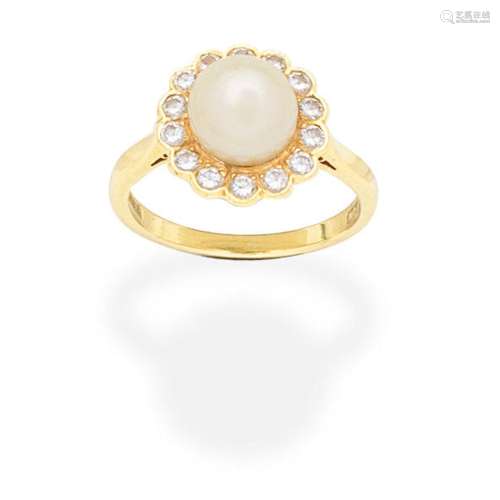 CULTURED PEARL AND DIAMOND RING,